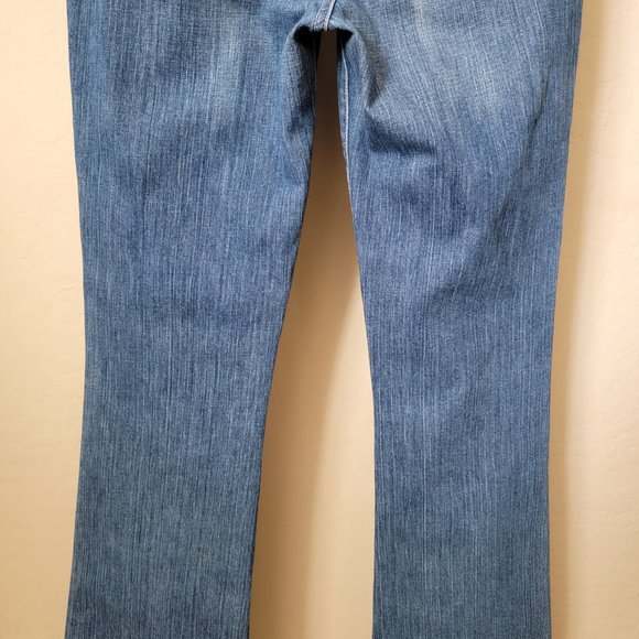 Blue 2 Medium Wash Pink Stitching Distressed Flare Denim Jeans - Picture 9 of 14